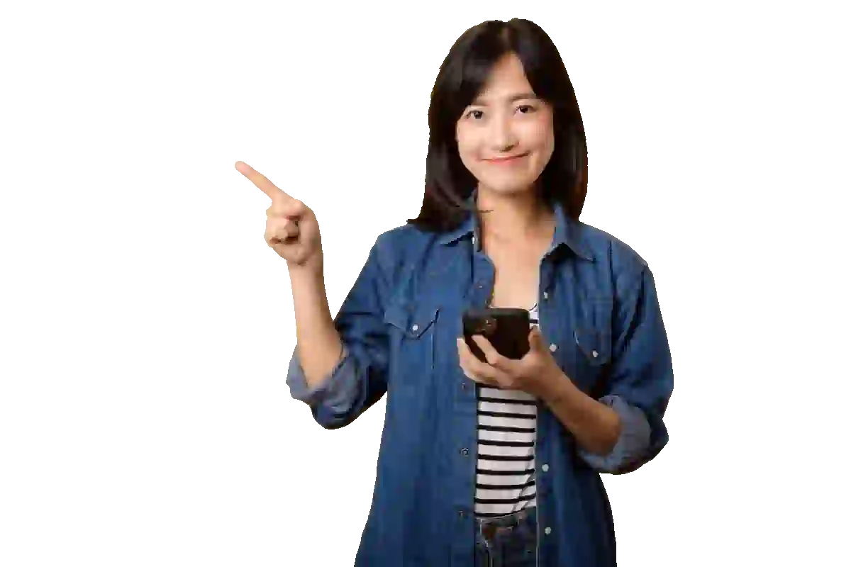 woman holding a mobile phone and pointing